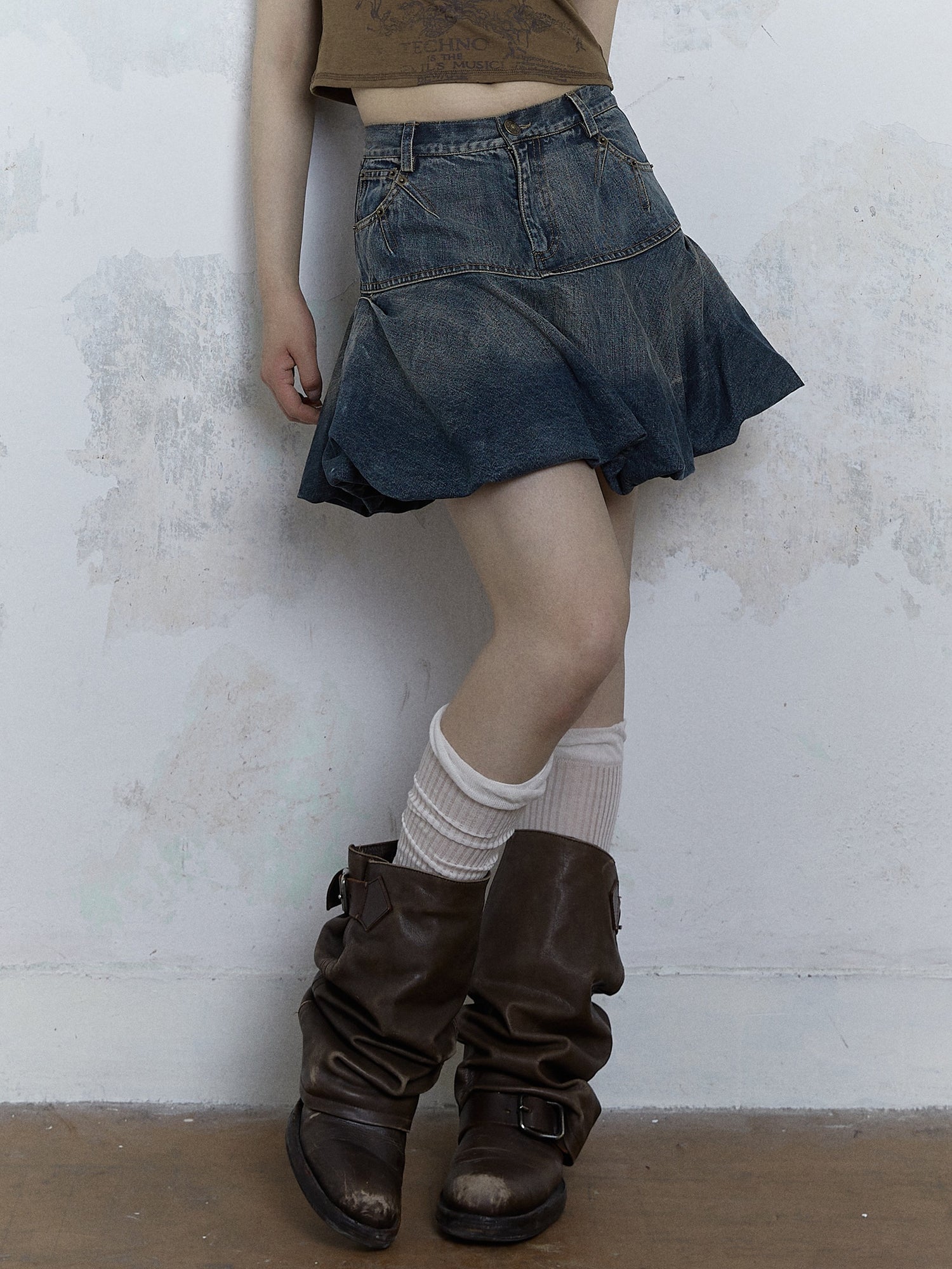 Retro Old Bud Fluffy A-line Denim Skirt