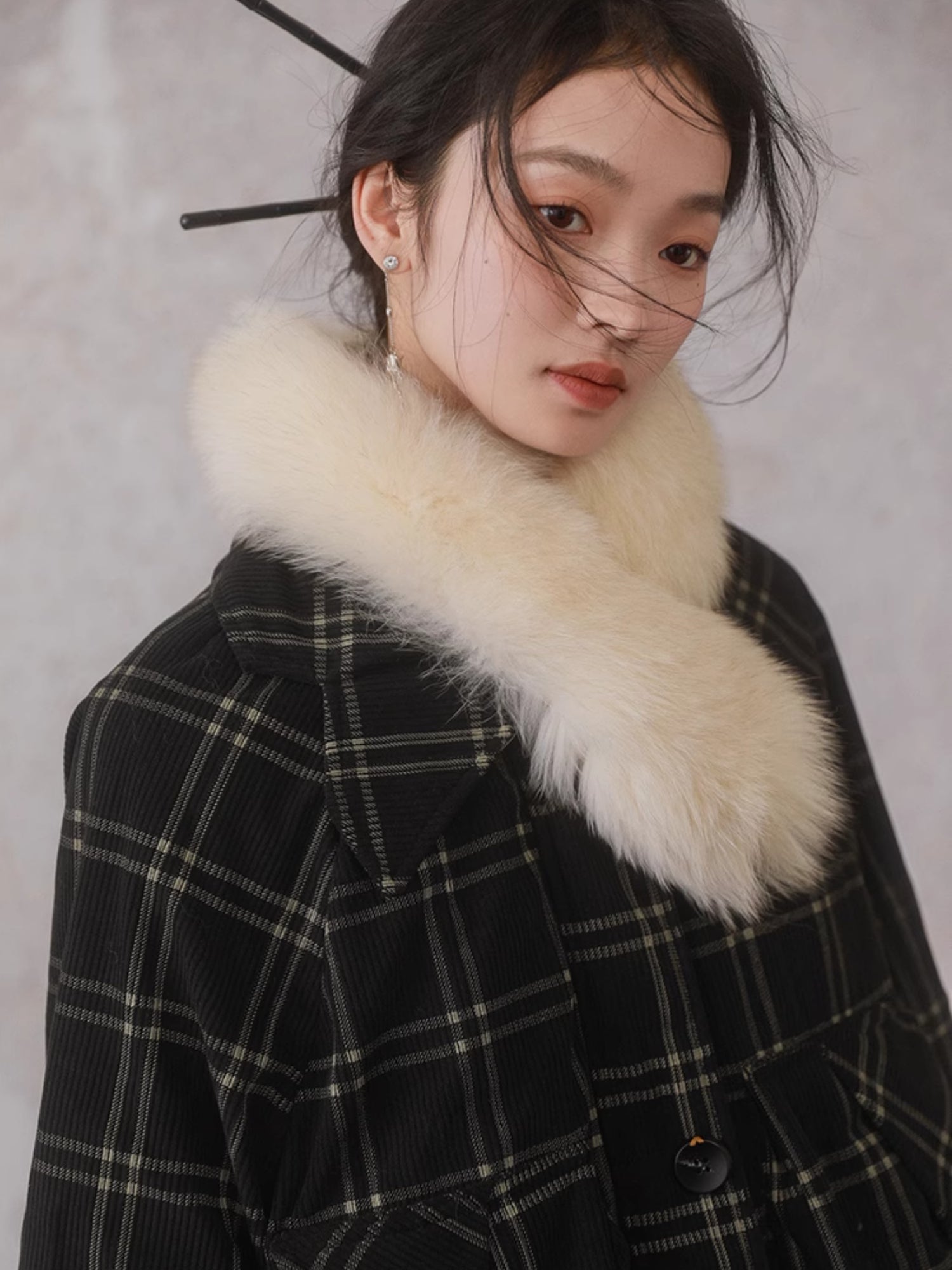 Fur Collar Detachable Design Plaid Corduroy Down Jacket