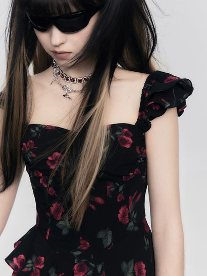 Rose Floral Belt Chest Strap Dress