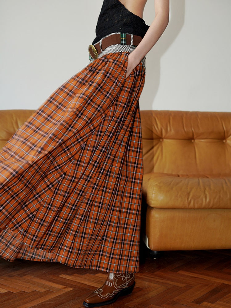 Retro Plaid Stitching Long Skirt With Belt