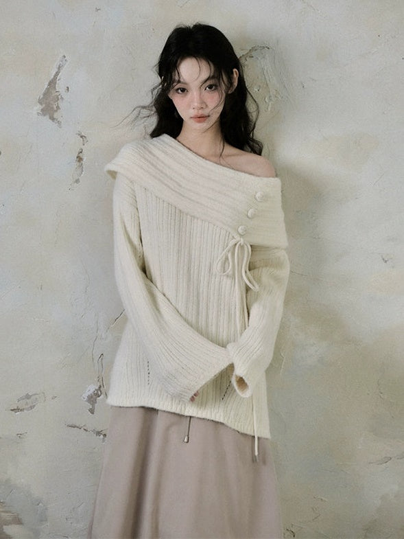 Button Accent One Shoulder Loose Knitted Sweater