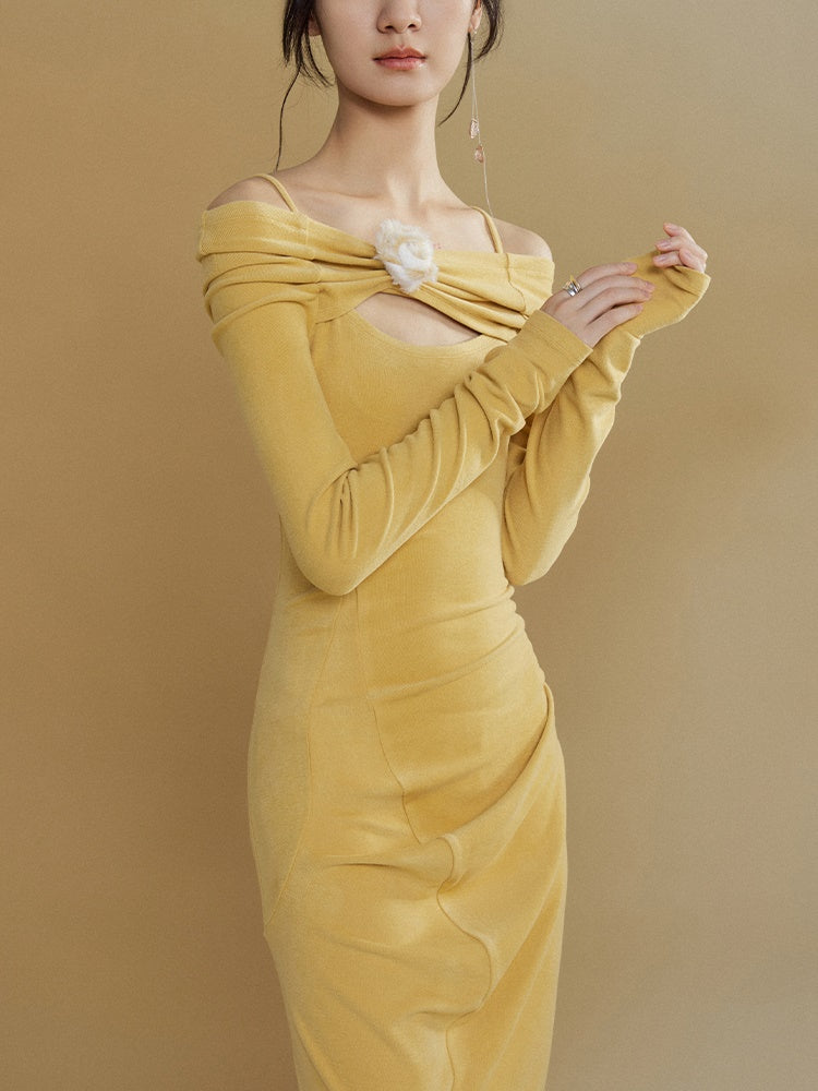 Gold knit dress one shoulder best sale