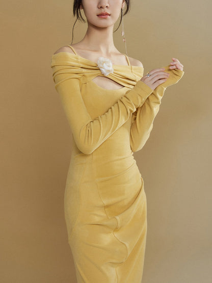 One-shoulder Long-sleeved Brushed Long Knit Dress