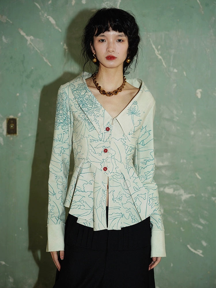 Retro Print Chelsea Collar Waist Shape Shirt Jacket