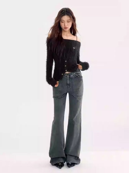 Denim Washed Casual Cut-Off Tassel Flare-Pants