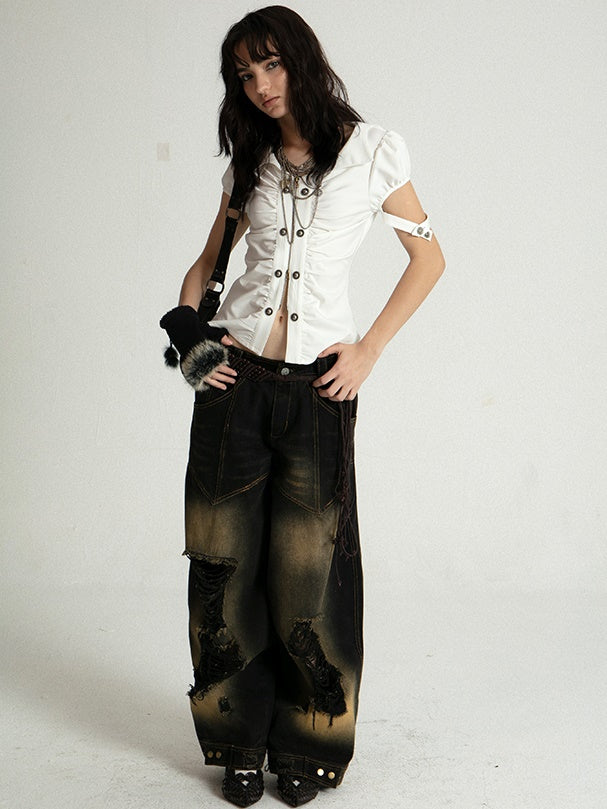 Distressed Large Hole Wide-leg Straight Jeans