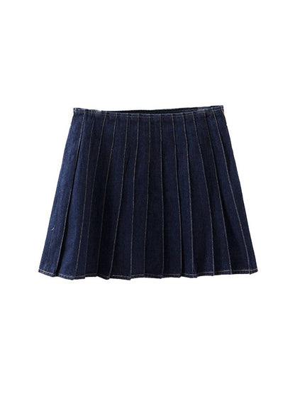 A-line Short Denim Pleated Skirt