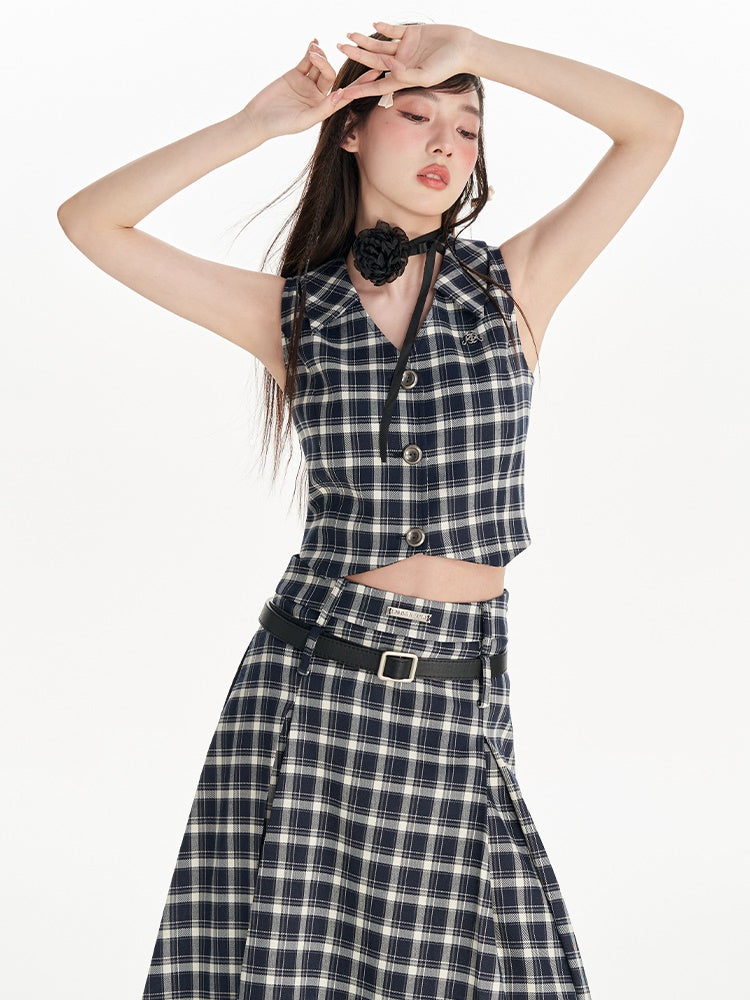 Black and white 2025 plaid skirt vest