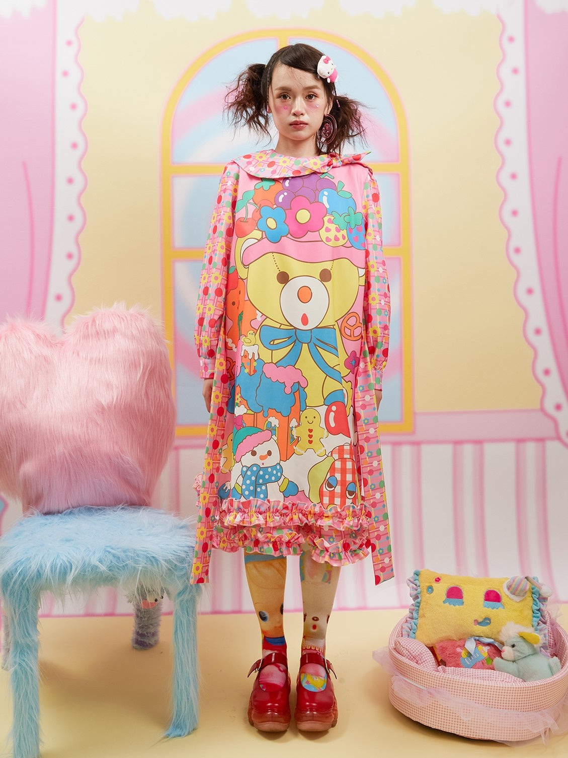 Doll Collar Cute Bear Print Dress