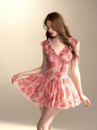 Frill V-neck Waist-Cinching Puffy Floral Dress