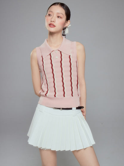 Striped Polo Collar Sleeveless Top