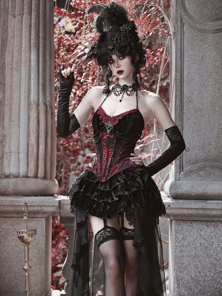 Gothic Velvet Fishbone Corset &amp; Bead Decoration Camisole &amp; Tulle Lace Velvet Skirt