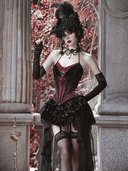 Gothic Velvet Fishbone Corset &amp; Bel Decoration Camisole &amp; Tulle en dentelle en velours jupe