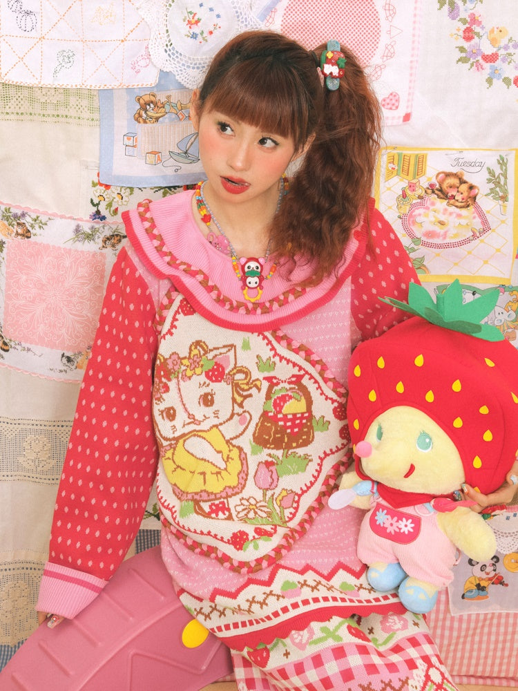 Large Lapel Cat Strawberry Jacquard Pullover Sweater