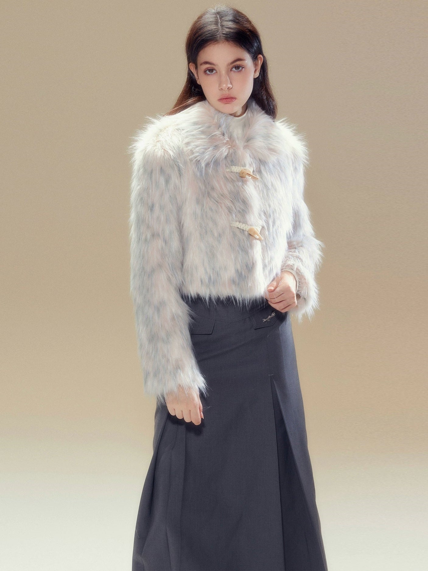 Long Hair Horn Button Friendly Fur Jacket &amp; Box Pleated Skirt