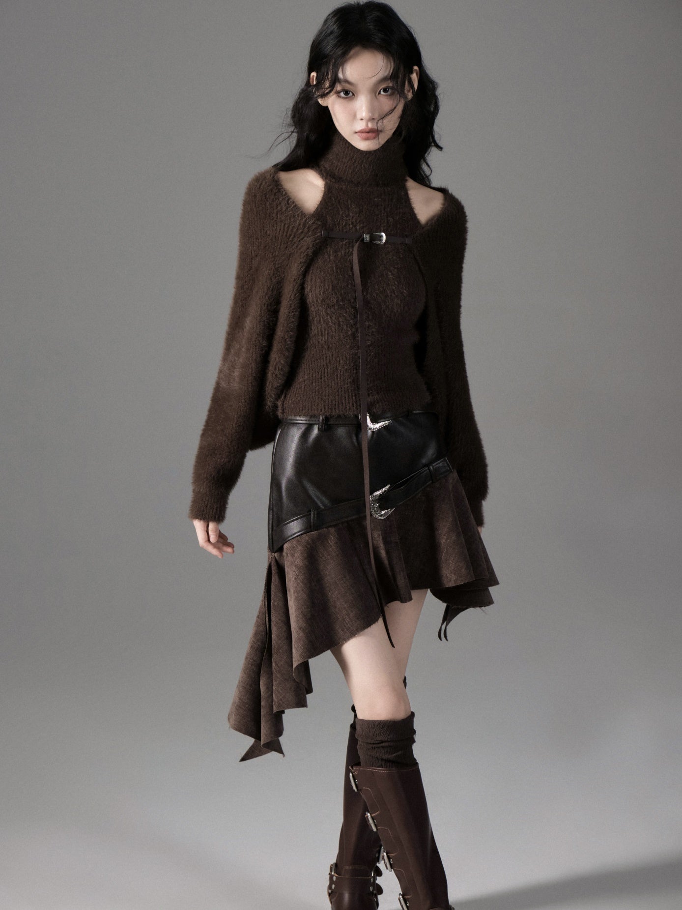 Belt Accent Irregular Thin Leather Switching Skirt