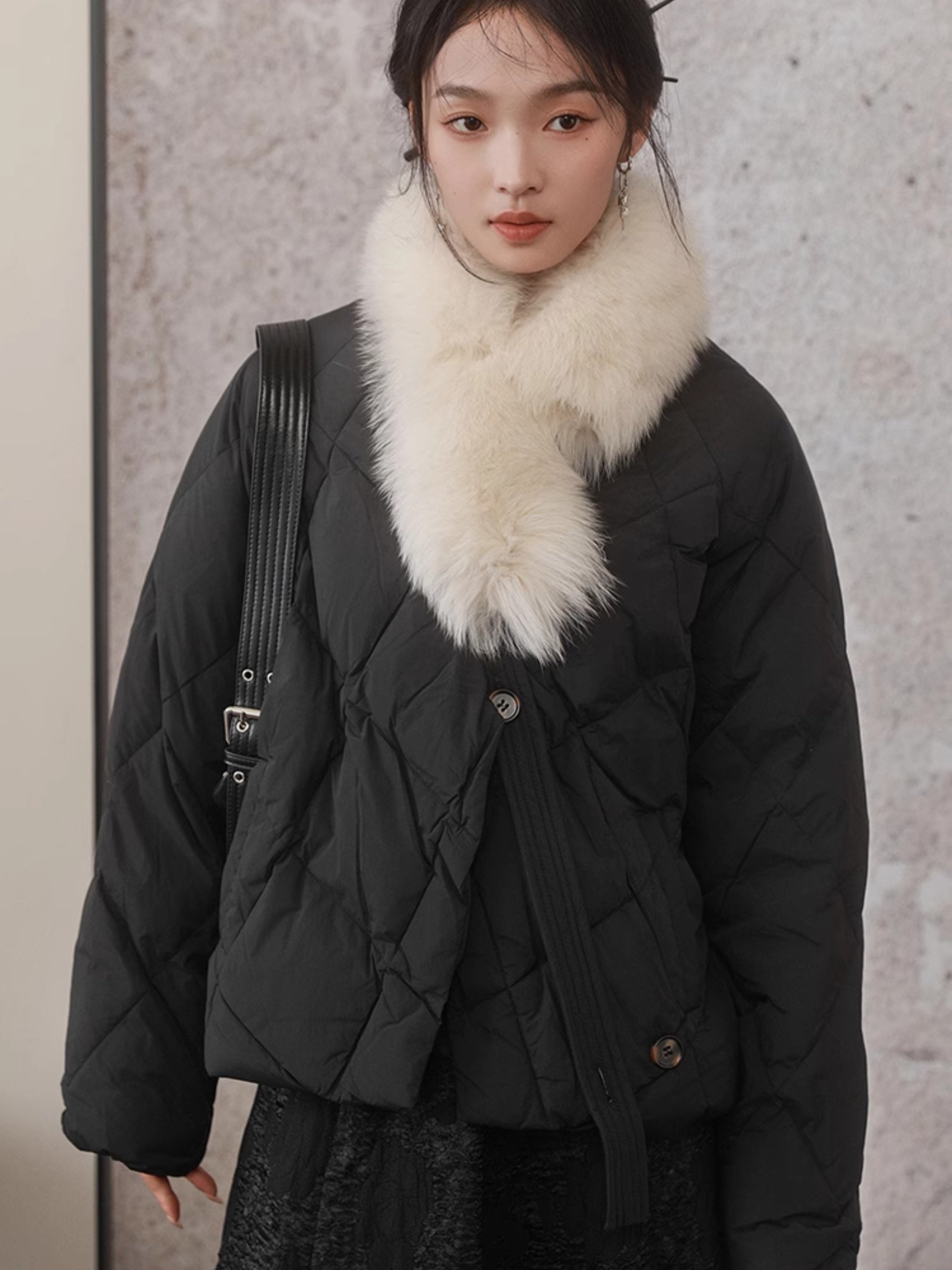 Fur Collar Detachable Slanted Lapel Down Jacket