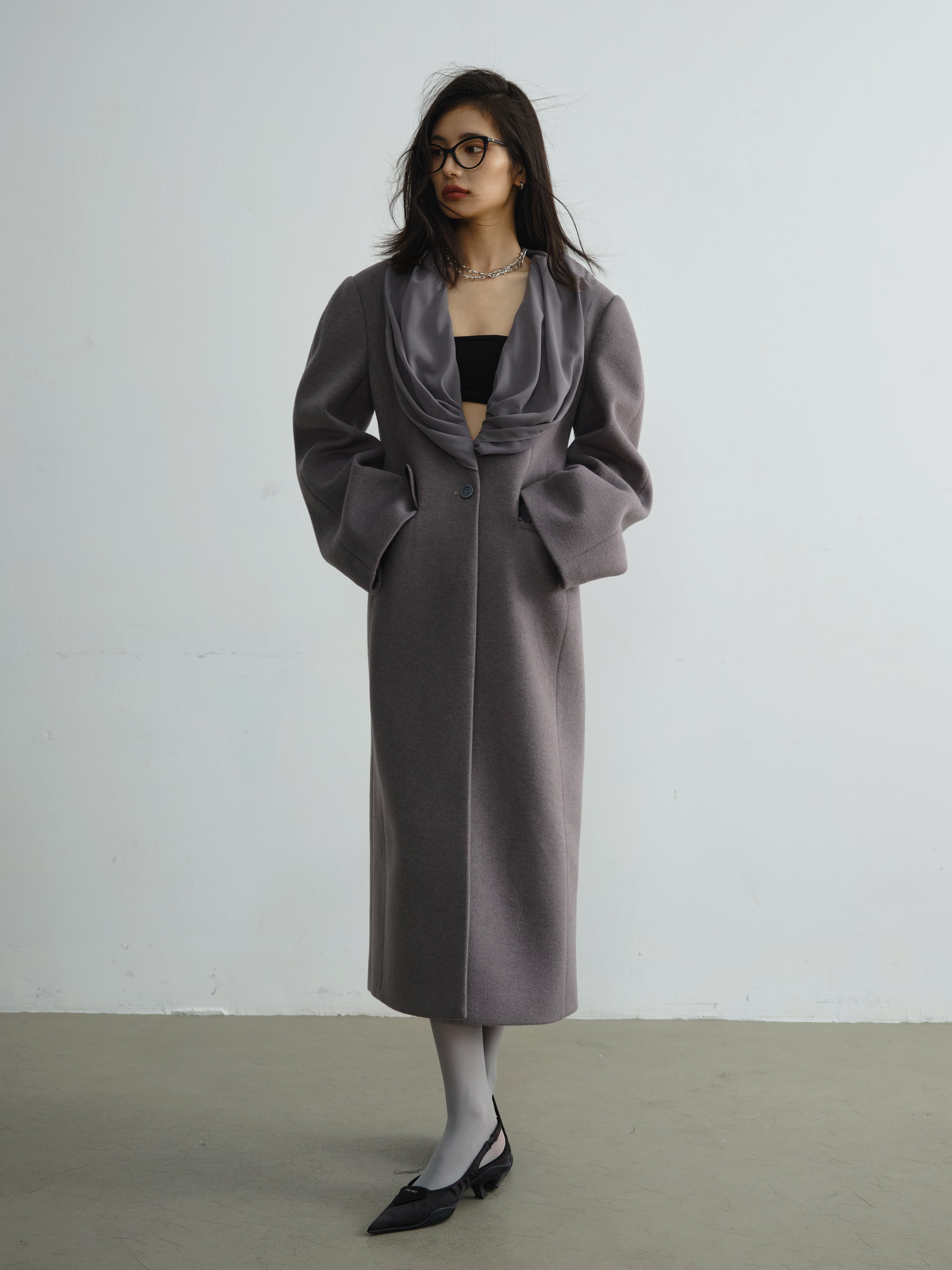 Drape Collar Modern Coat With Scarf