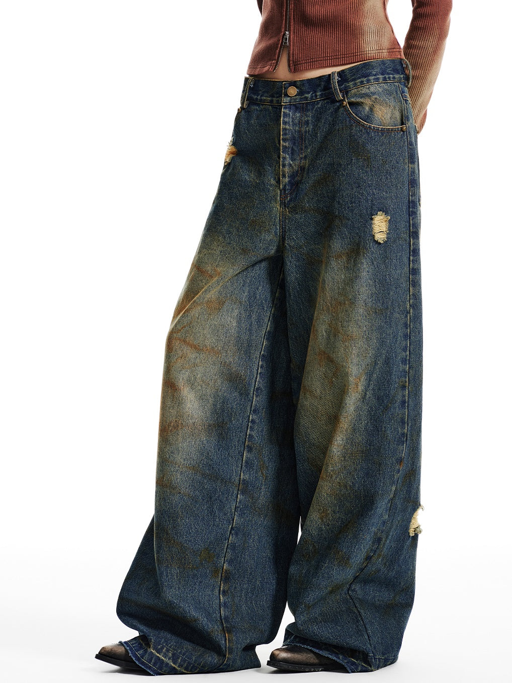 Dirty Washed Ripped Loose Wide Leg Jeans