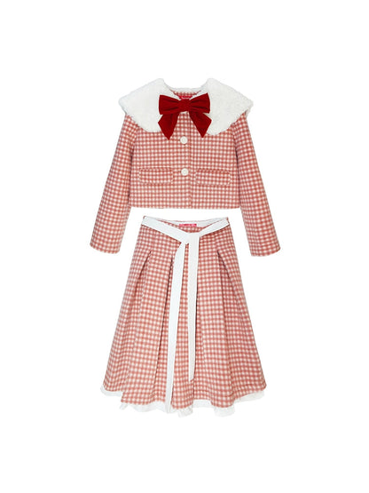 Retro Gingham Plaid Big Kragenjacke und Faltenrock