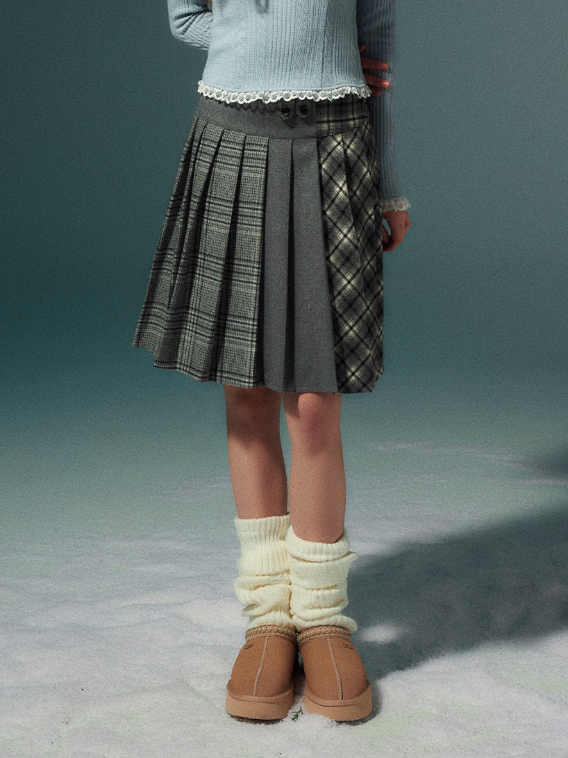 Plaid Stitching Design Pleated Skirt