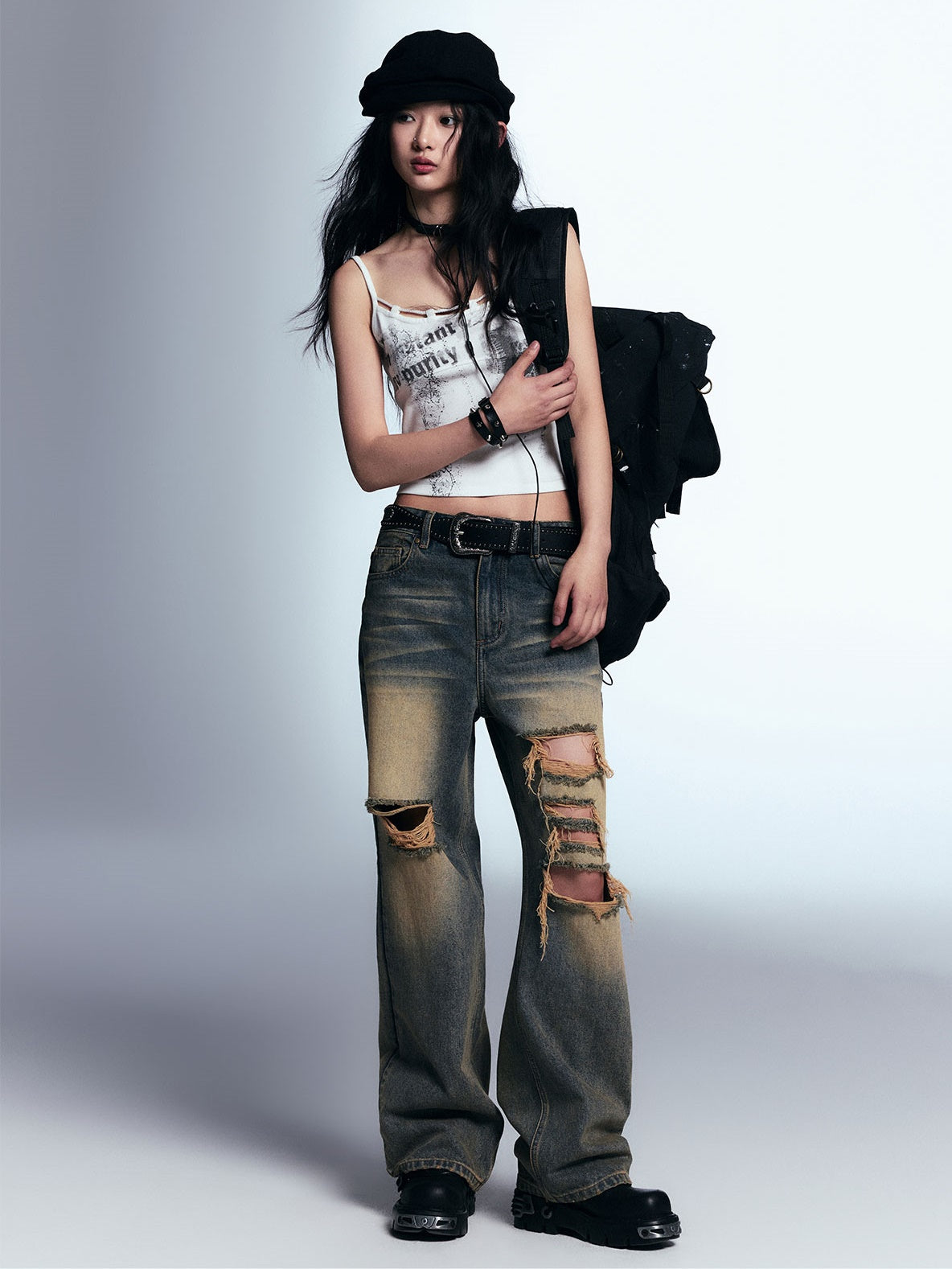 Distressed Ripped Raw Edge Loose Straight Jeans