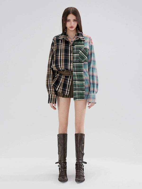 Loose Niche Design Contrasting Plaid Splicing Shirt