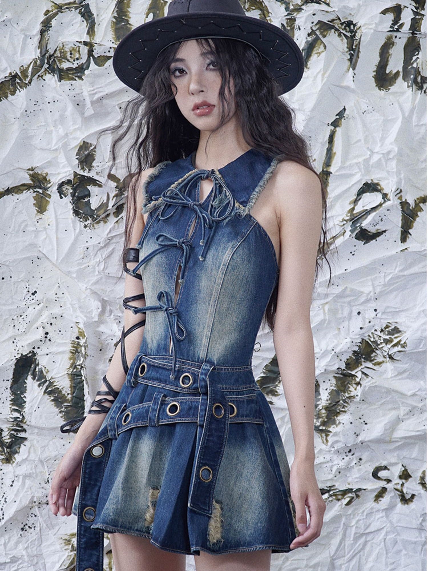 Clash Sleeveless Denim Short One-piece With Belt