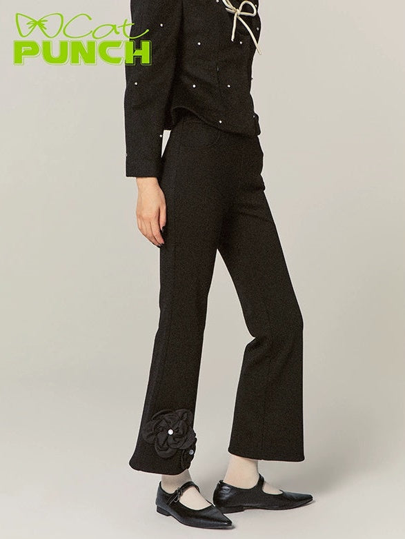 Flower Stitch Slim High Waist Flare Pants