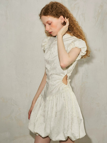 Puff Sleeve Waist Hollowed-out Wrinkled Dress