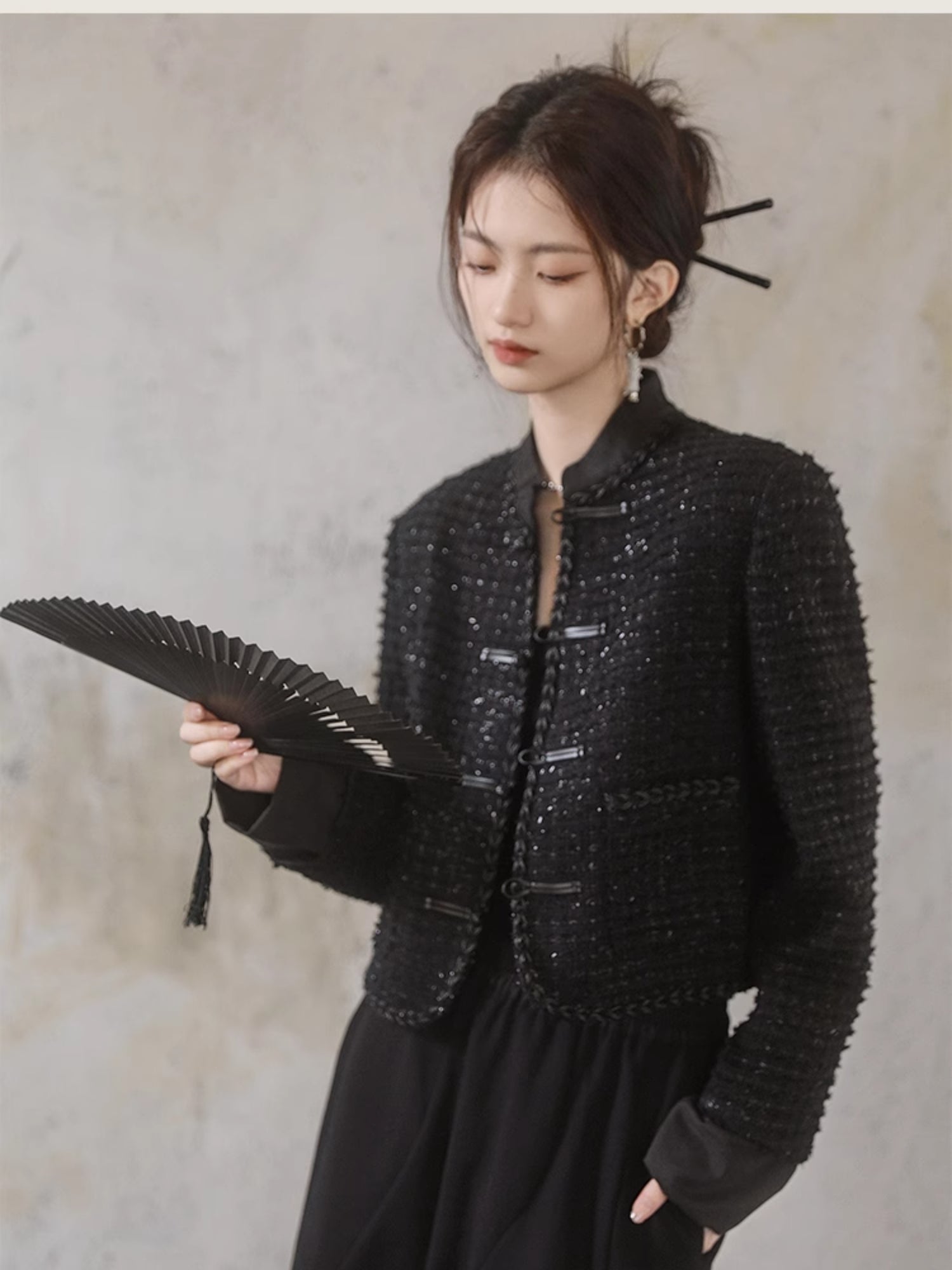 Veste courte en tweed de style chinois