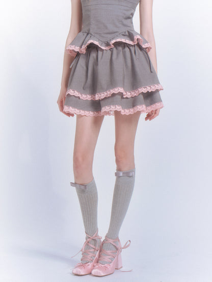 Stitching Lace Pleated Suspenders Top &amp; Cake Skirt