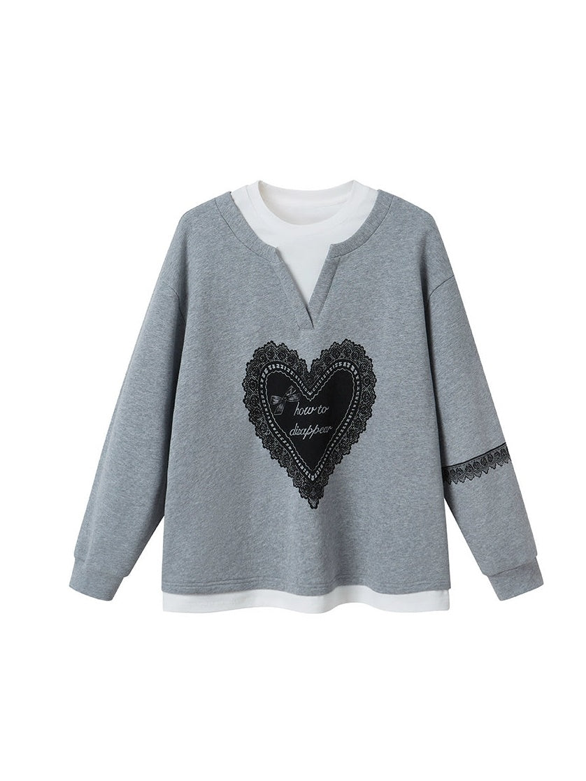 Fake Two-piece Lace Love Print Loose Sweat