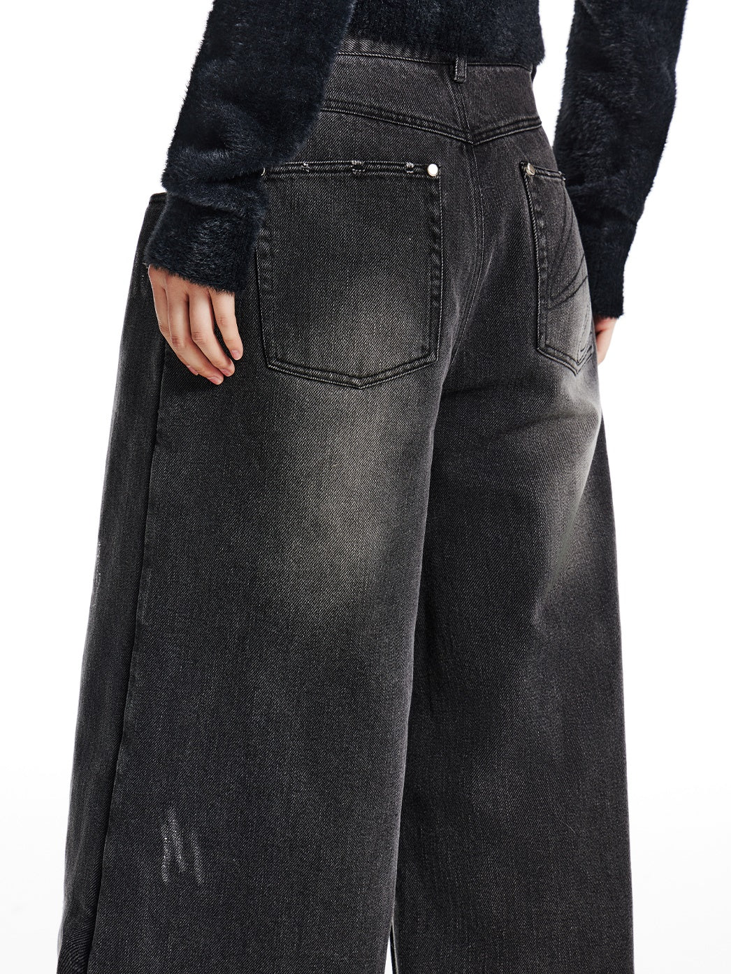 Washed Layered Design Wide-leg Jeans