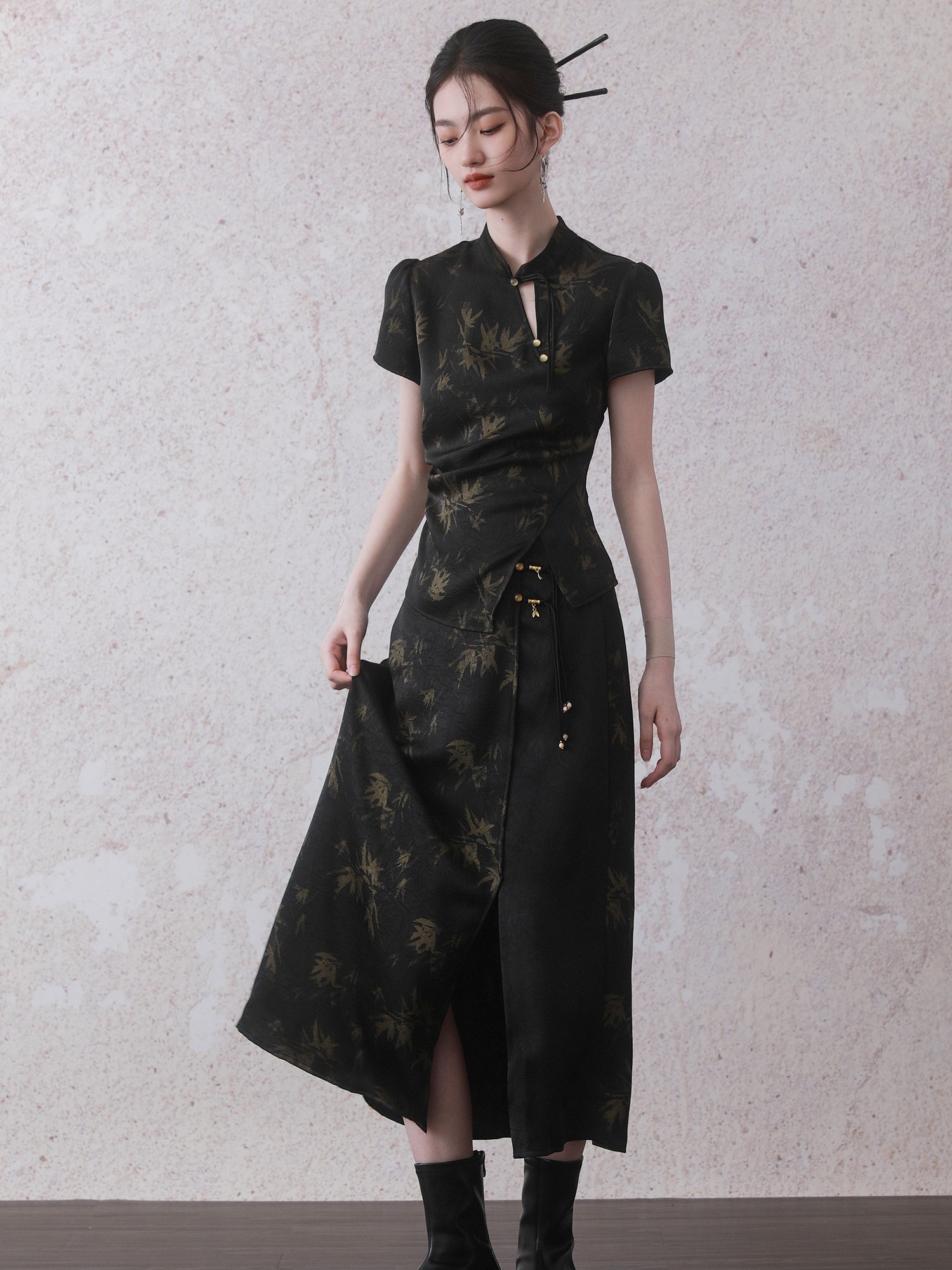 Chinese Style Bamboo Print Short Sleeve Shirt &amp; A-Line Skirt