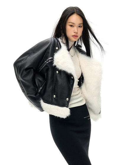 Large Lapel Eco-friendly Fur Leather Jacket