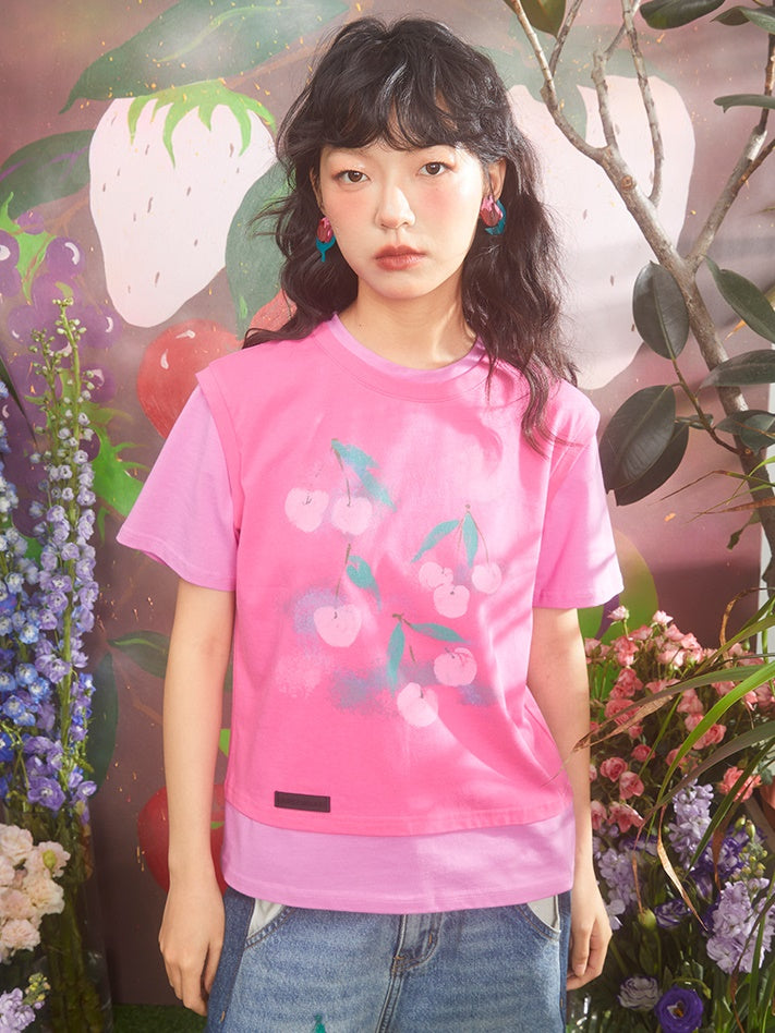 Gradient Cherry Print Fake Two-piece T-shirt