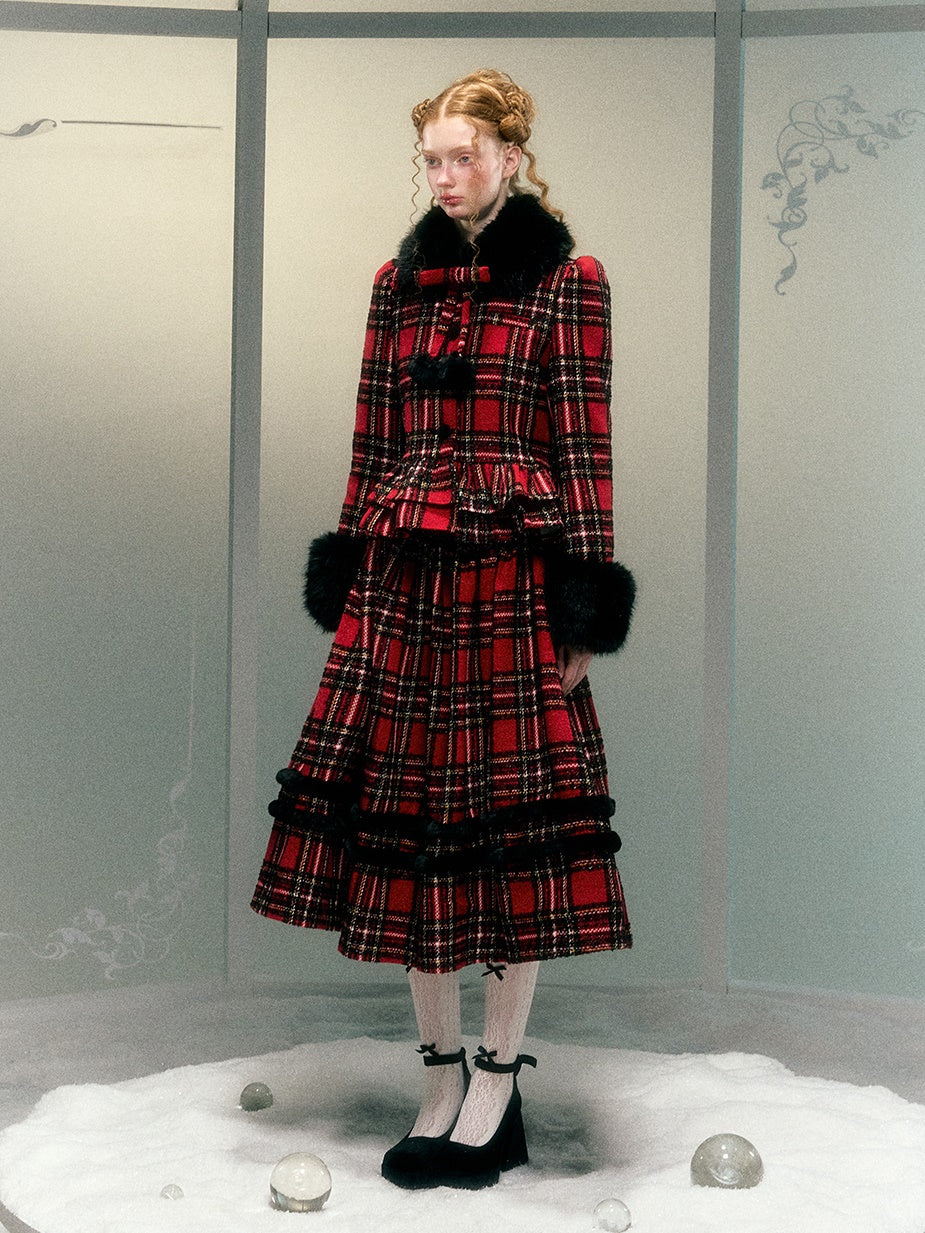 Plaid Detachable Fur Collar Fur Ball Short Coat &amp; Mid-Length Skirt