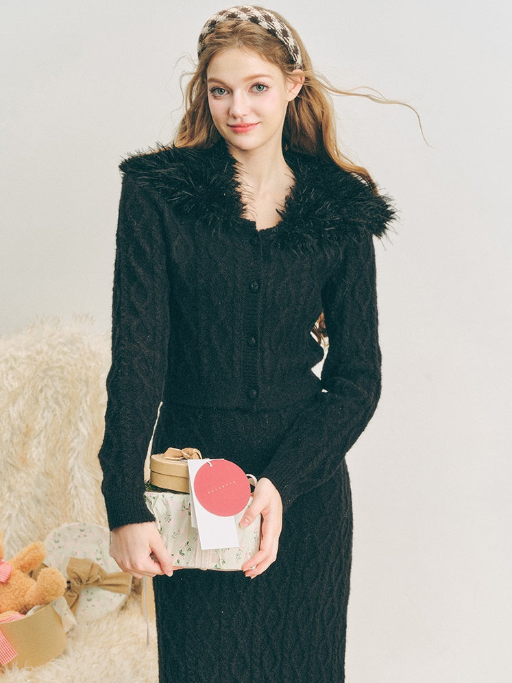 Fur Collar Twist Knitted Cardigan ＆ Long Skirt