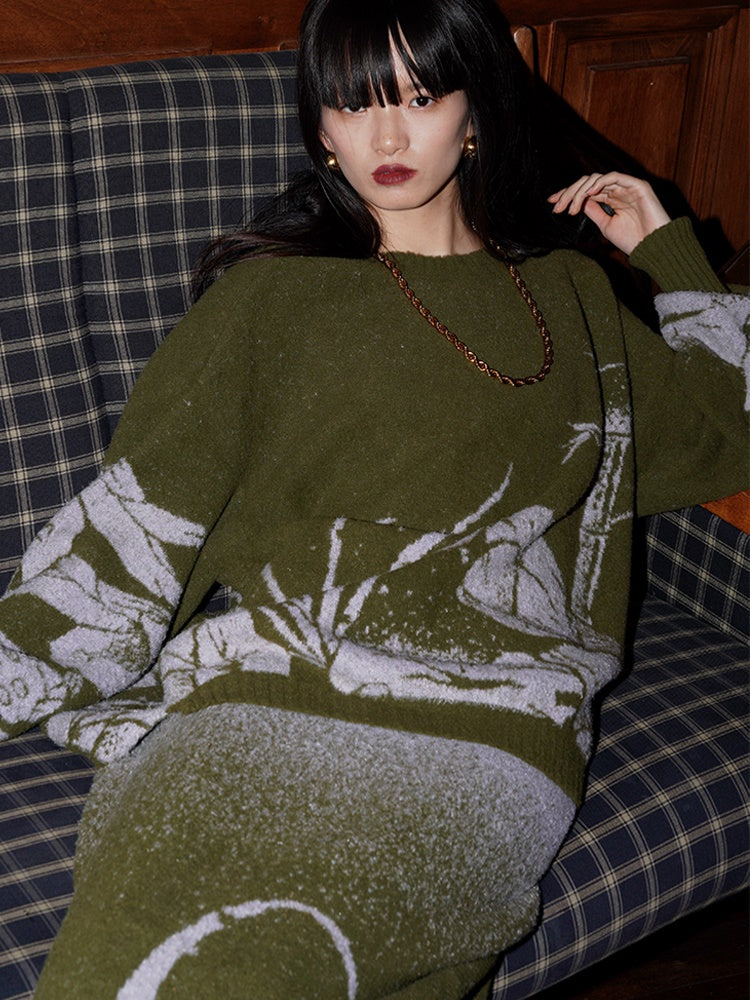 Loose Flower Jacquard Knitted Sweater &amp; Skirt