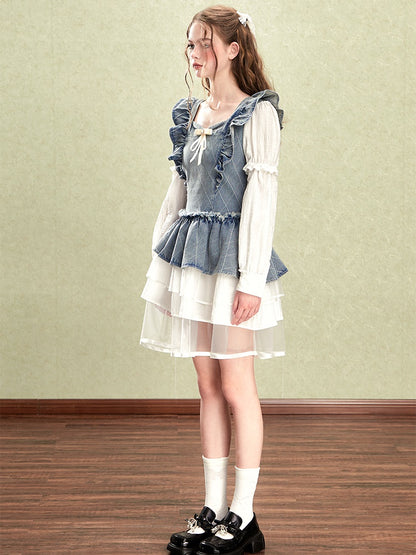 Small Flying Sleeve Stitching Denim Fake Two-piece Dress