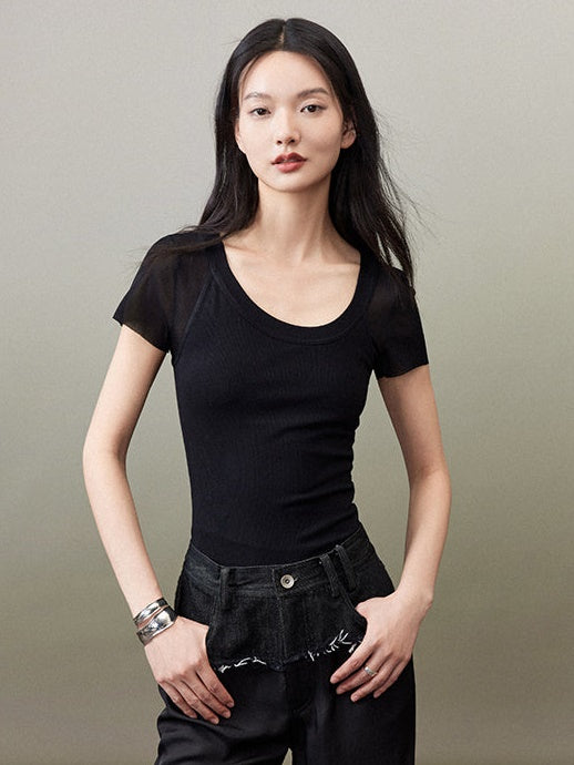 Asymmetric Double Layer Short-sleeved T-shirt