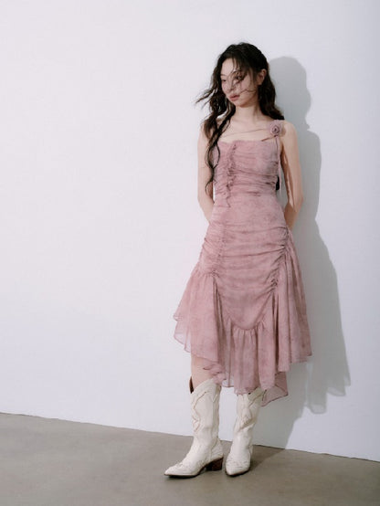 Rose Asymmetrical Wrinkled Suspender Dress