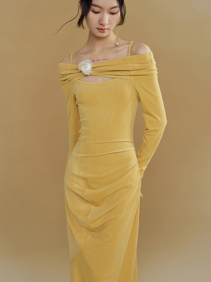 One-shoulder Long-sleeved Brushed Long Knit Dress