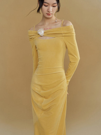 One-shoulder Long-sleeved Brushed Long Knit Dress