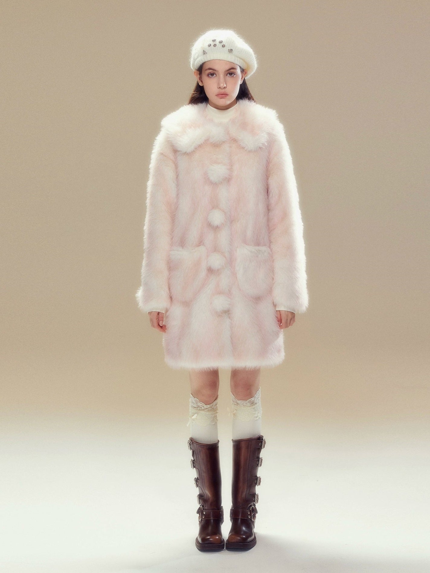 Gradient Doll Collar Fur Ball Imitation Fur Coat