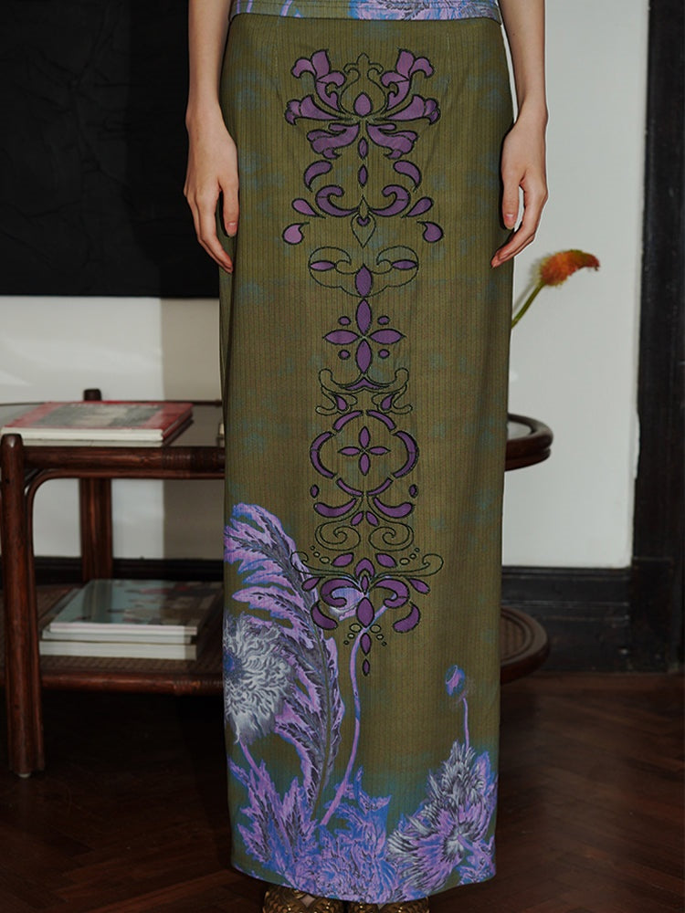 Burnt Flower Embroidery Print Long Skirt