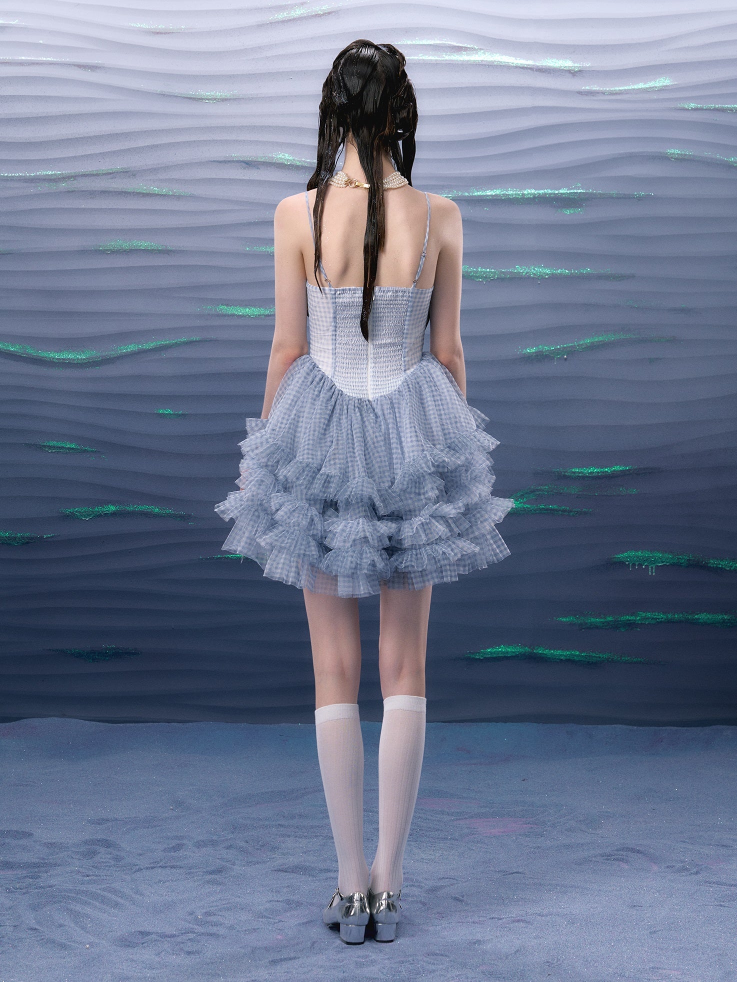 Plaid Mesh Tutu Suspender Dress ＆ Lace Pearl Corset