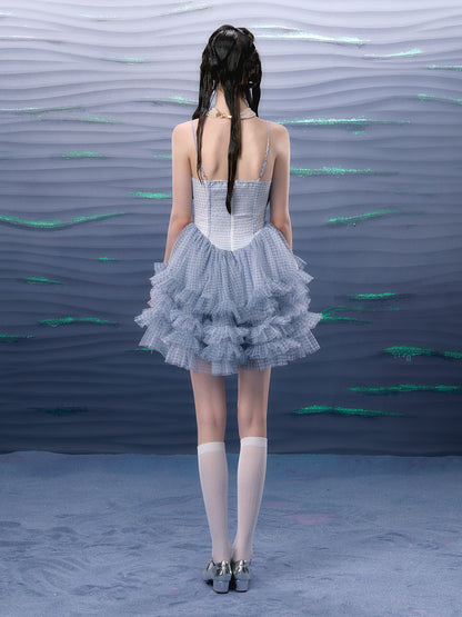 Plaid Mesh Tutu Suspender Dress &amp; Lace Pearl Corset