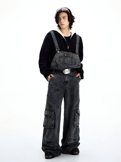 Retro Suspender Design Stitching Denim Pants